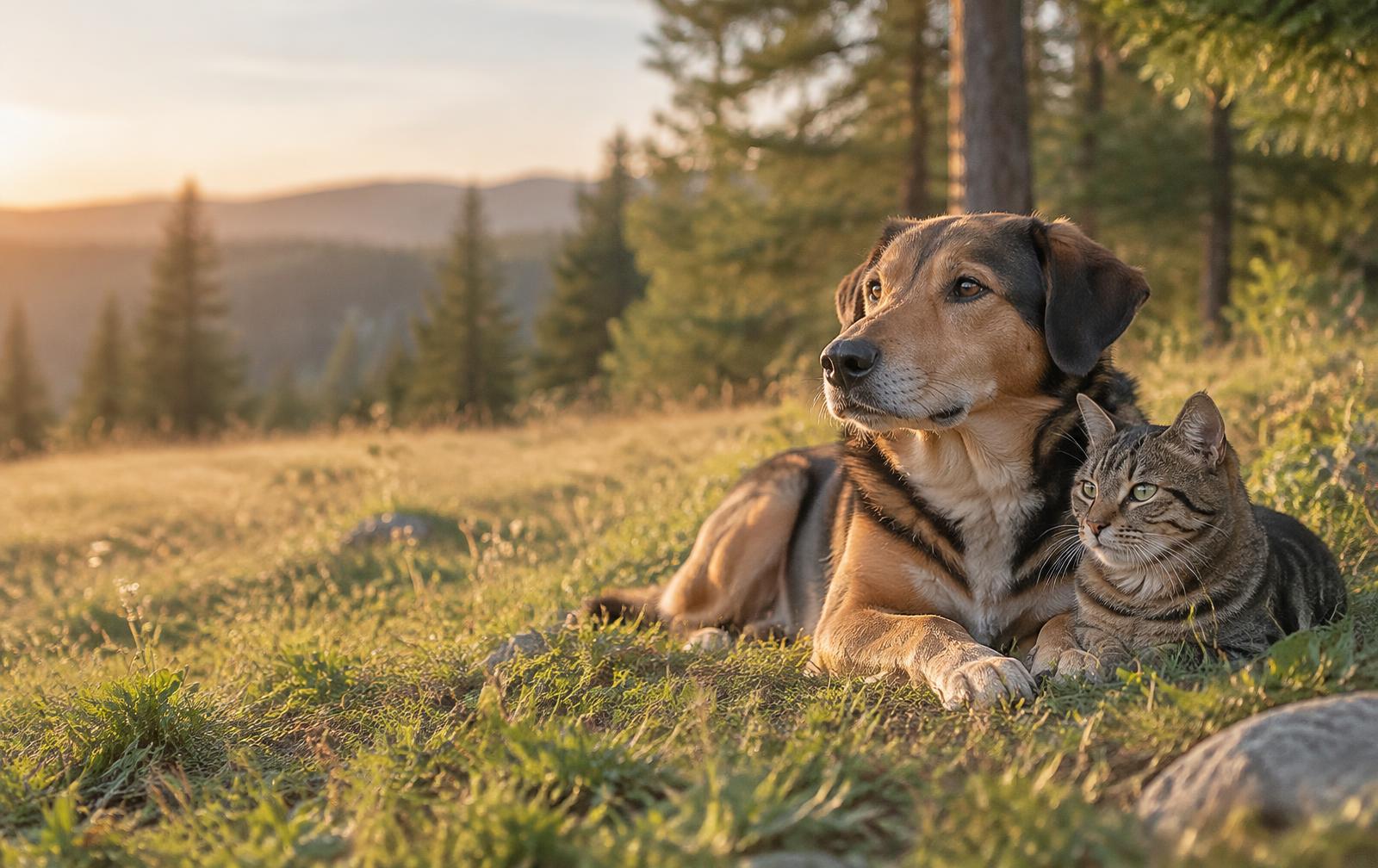 Un perro y un gato descansando en un prado